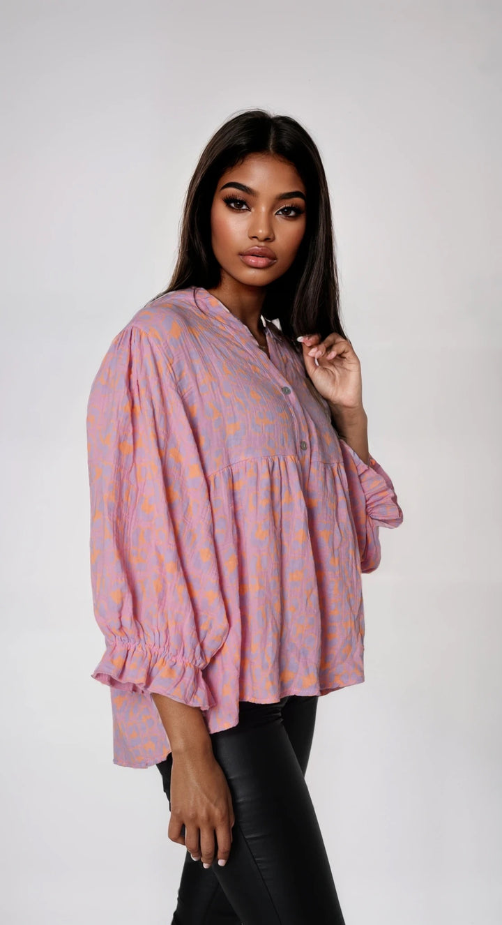 Musselin-Bluse mit Pinkem Animal Neo