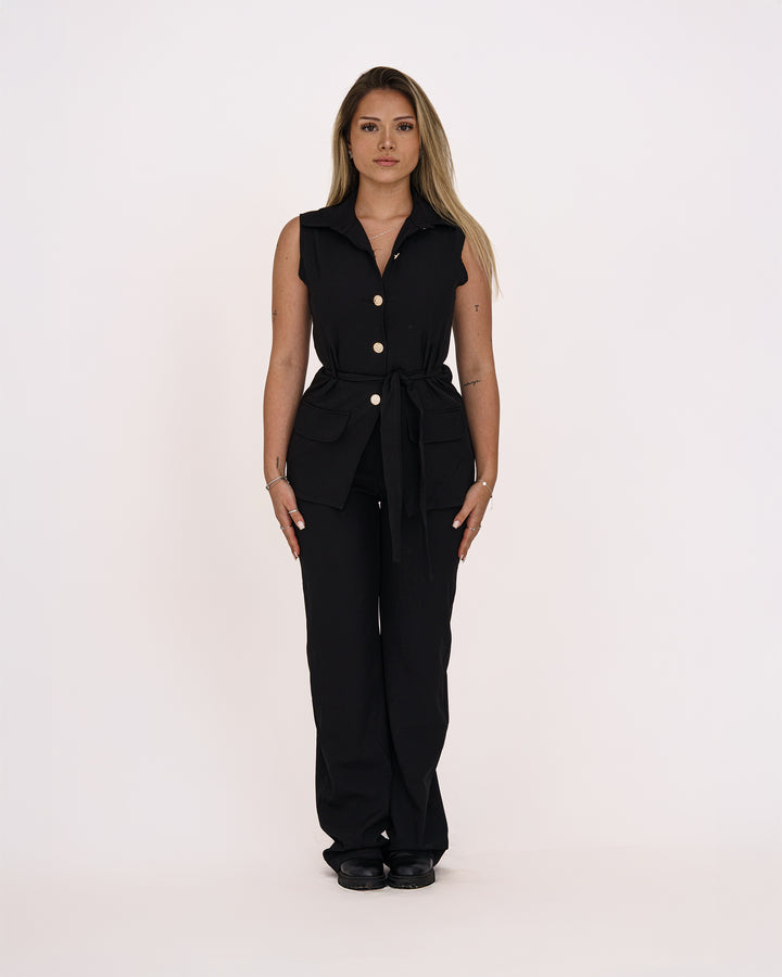 Ärmelloser Zweiteiler Damen – Elegantes Set mit Taillengürtel in Schwarz