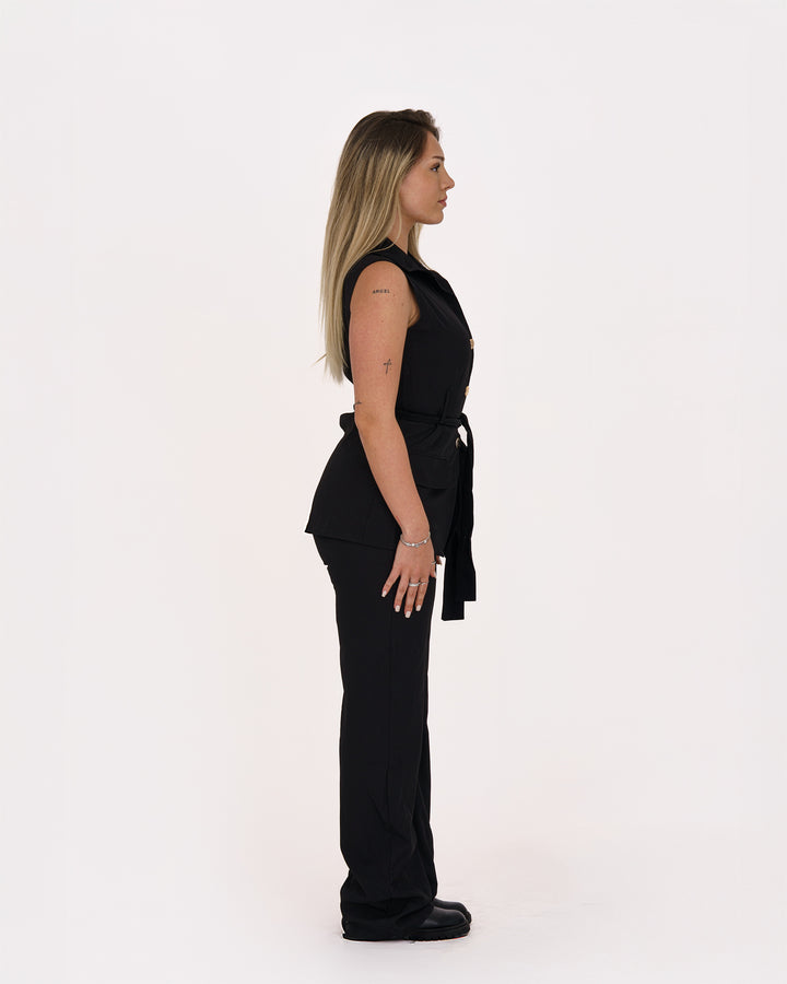 Ärmelloser Zweiteiler Damen – Elegantes Set mit Taillengürtel in Schwarz