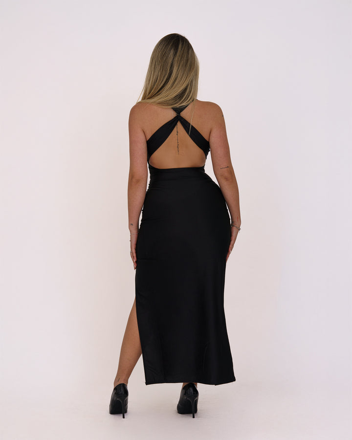 Elegantes Schwarzes Kleid mit Schlitz und Rückenfreier Trägerführung