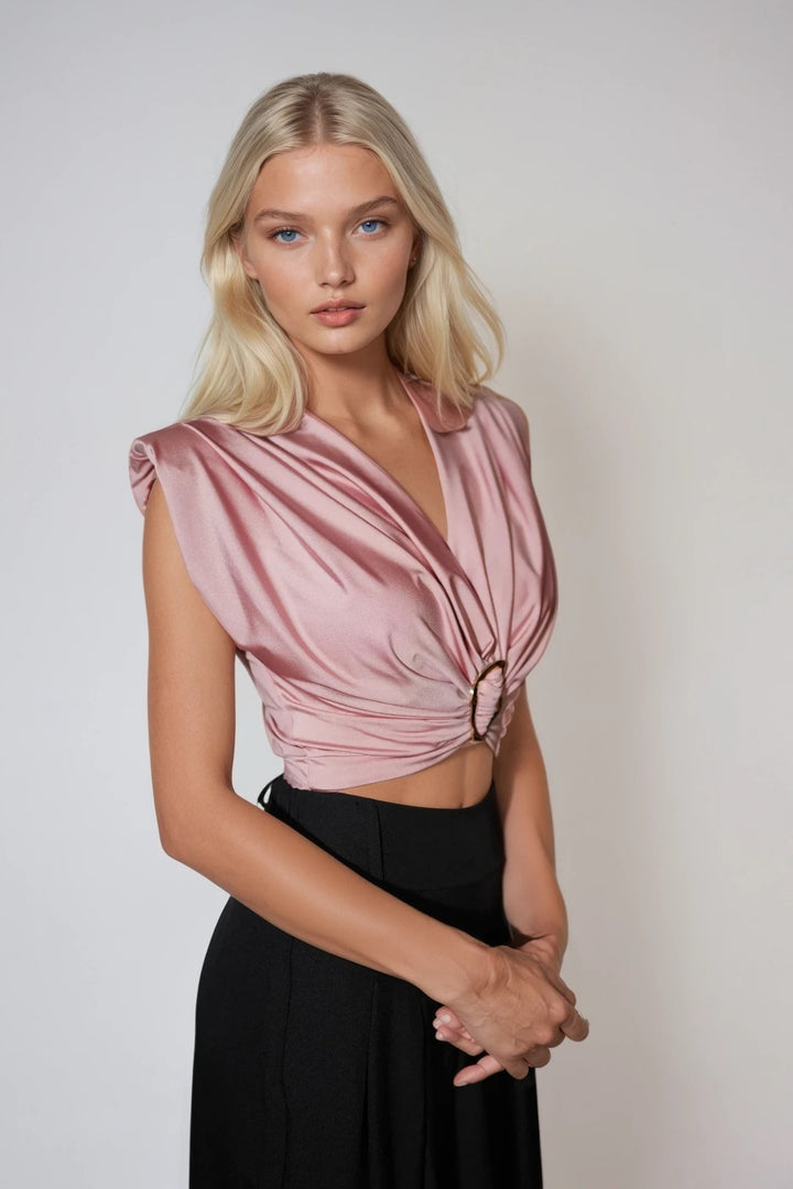 Satin-Top Damen Rosa Elegantes Wickel-Top mit Dekoring