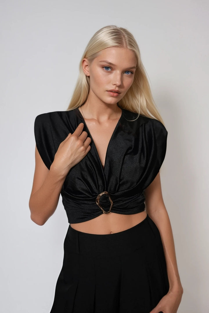 Satin-Top Damen Schwarz  Elegantes Wickel-Top mit Dekoring