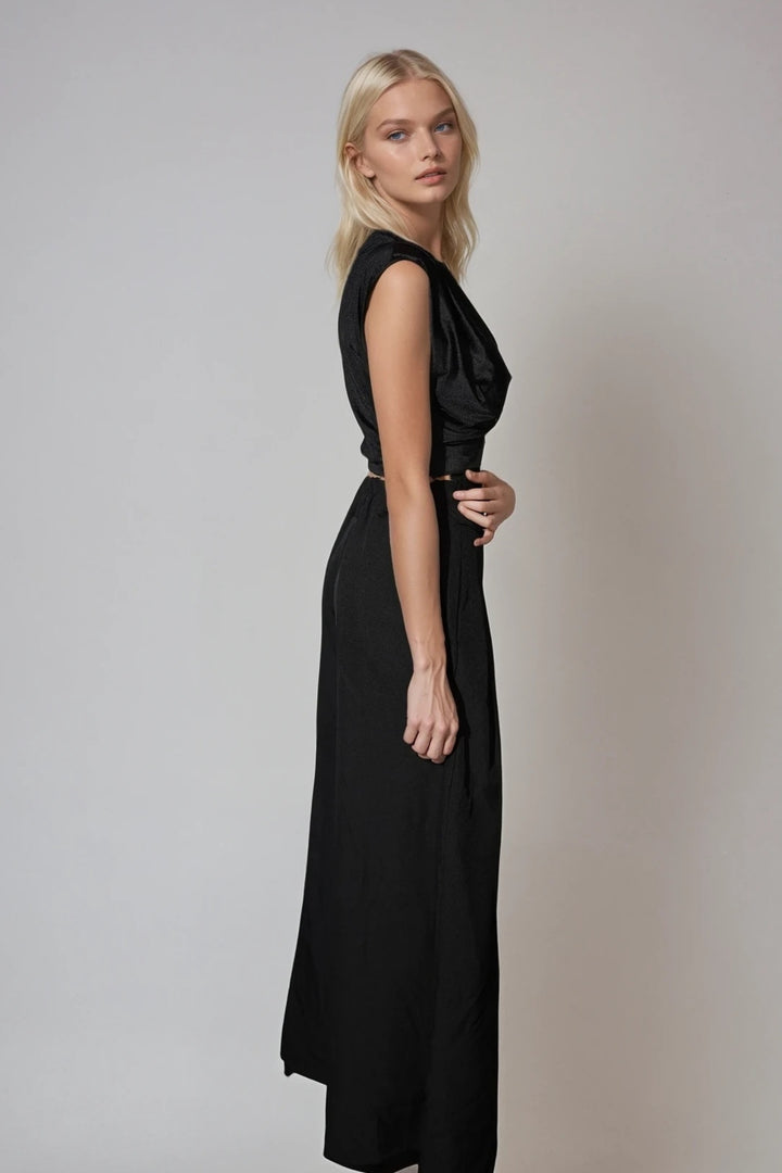 Satin-Top Damen Schwarz  Elegantes Wickel-Top mit Dekoring