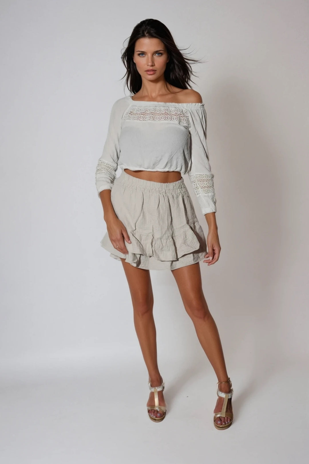 Leichter Musselin-Rock mit Volants Beige