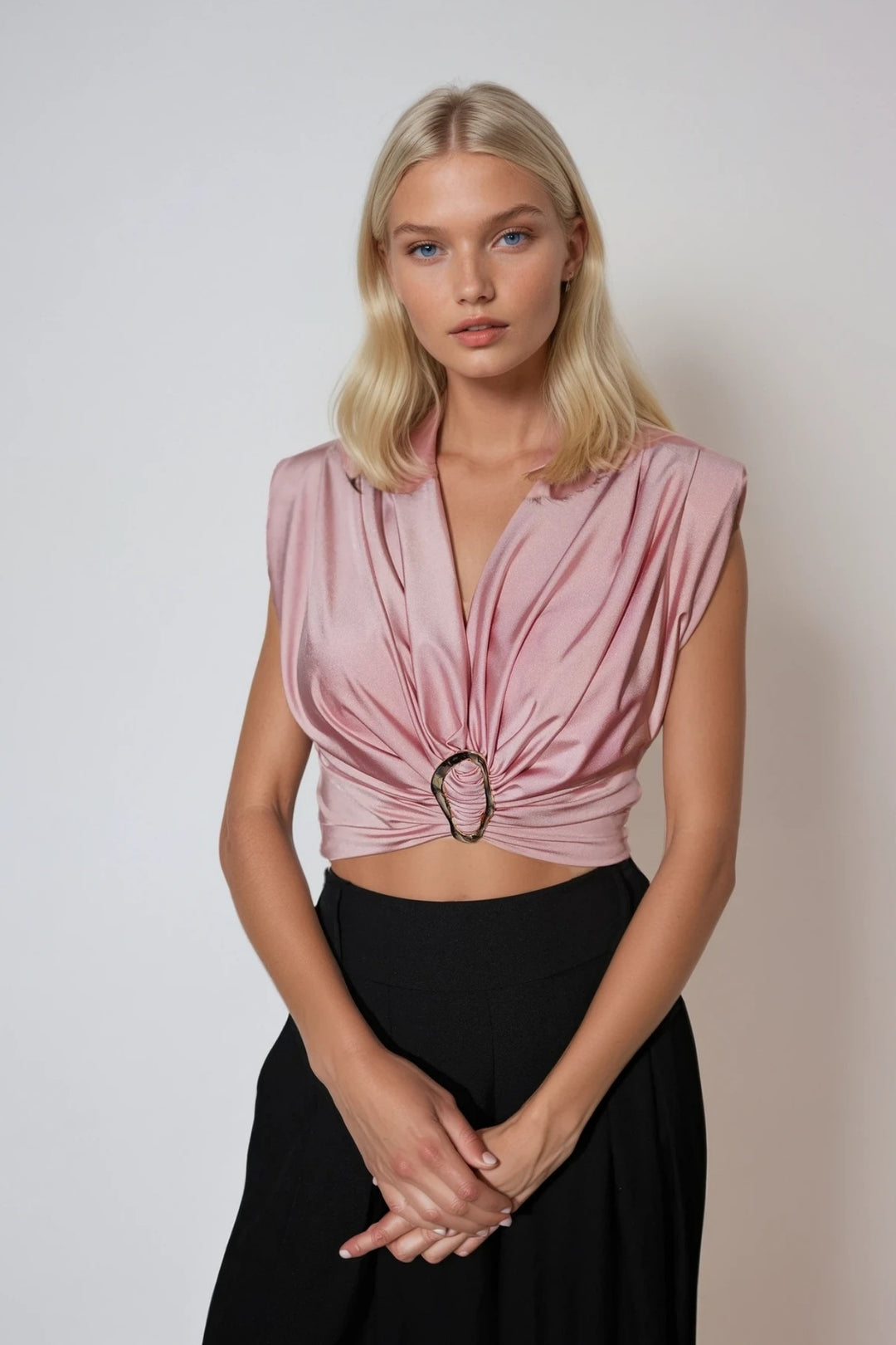 Satin-Top Damen Rosa Elegantes Wickel-Top mit Dekoring