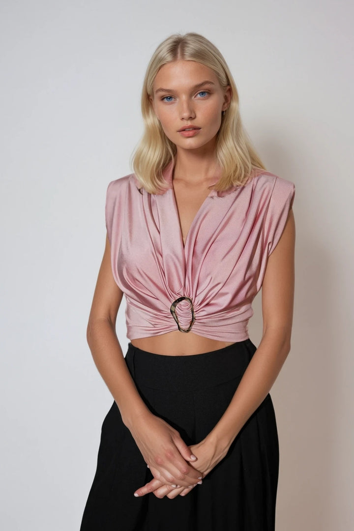 Satin-Top Damen Rosa Elegantes Wickel-Top mit Dekoring