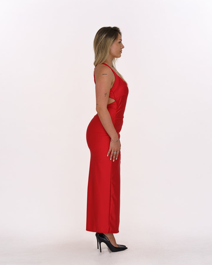 Elegantes Rotes Kleid mit Schlitz und Rückenfreier Trägerführung