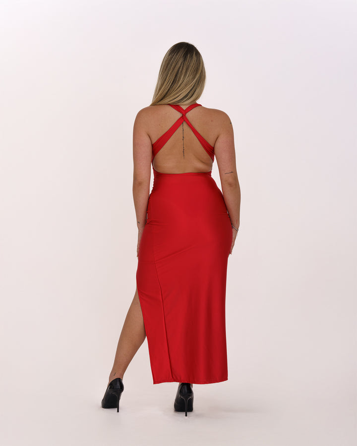 Elegantes Rotes Kleid mit Schlitz und Rückenfreier Trägerführung